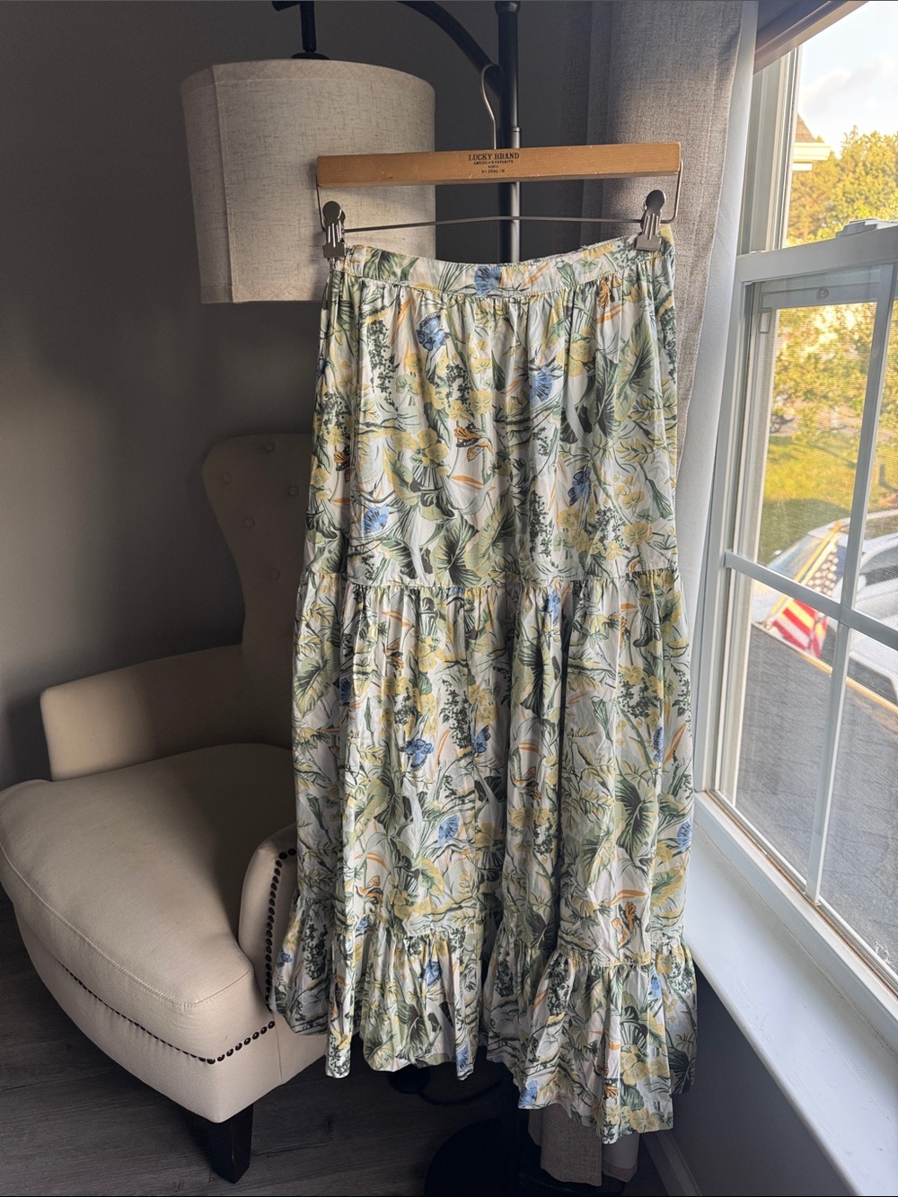 Tiered Floral Maxi Skirt - Cream with Green & Blue Print